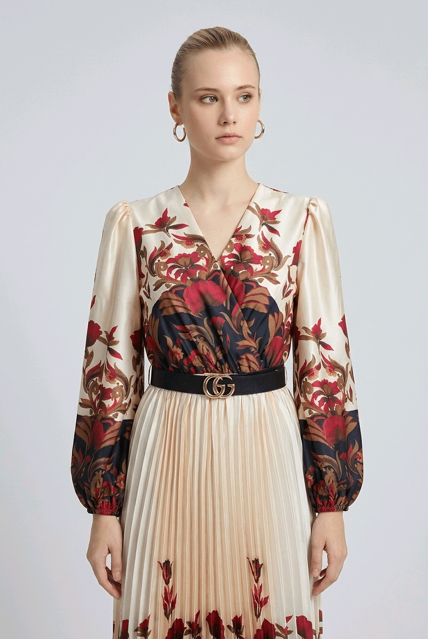Pleated Floral Midi Dress | Elora Venecci