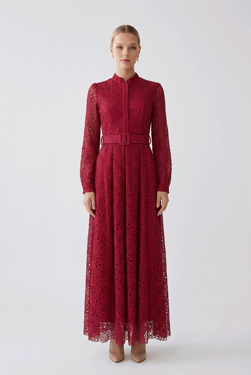 Belted Guipure Midi Dress | Elora Venecci