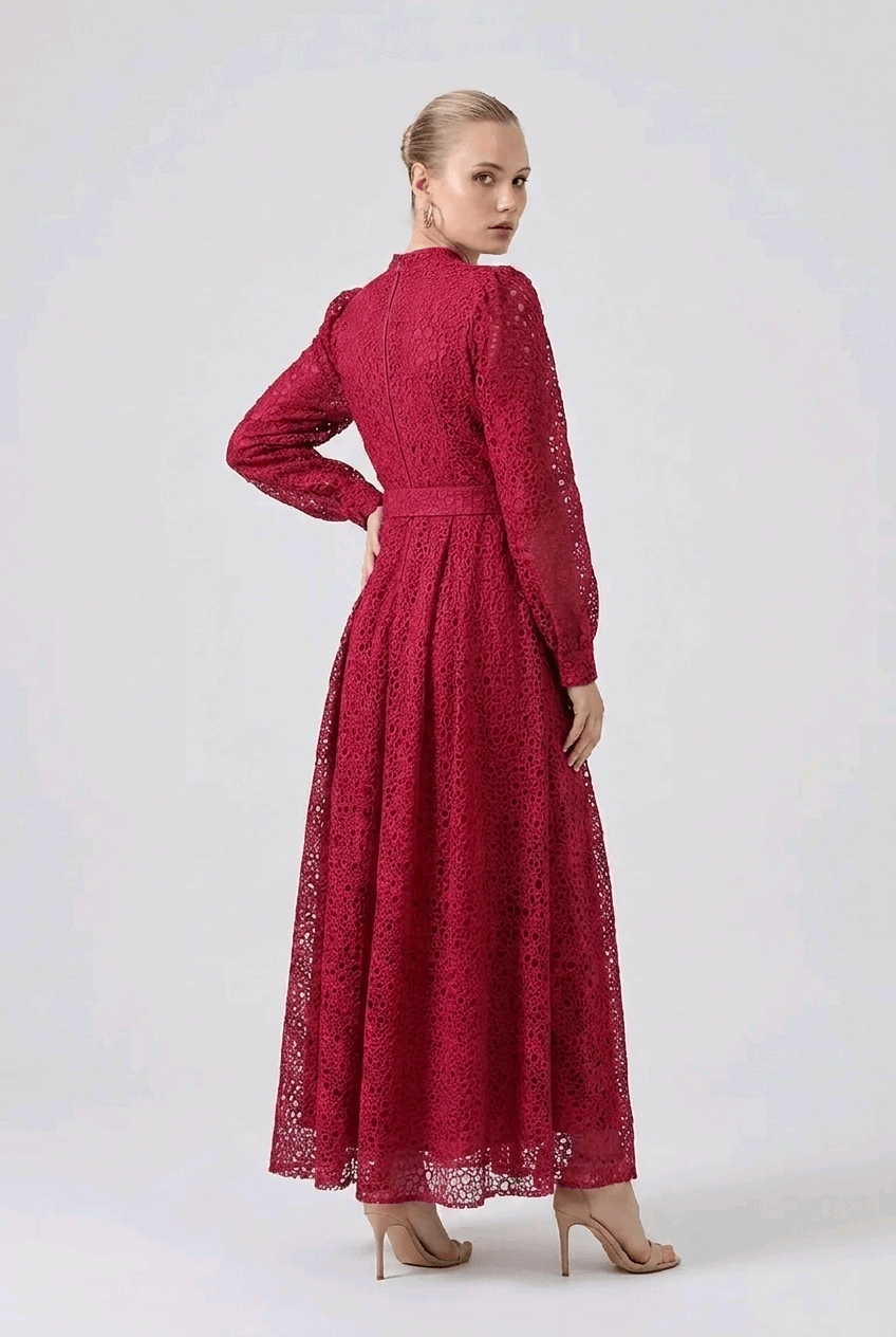 Belted Guipure Midi Dress | Elora Venecci