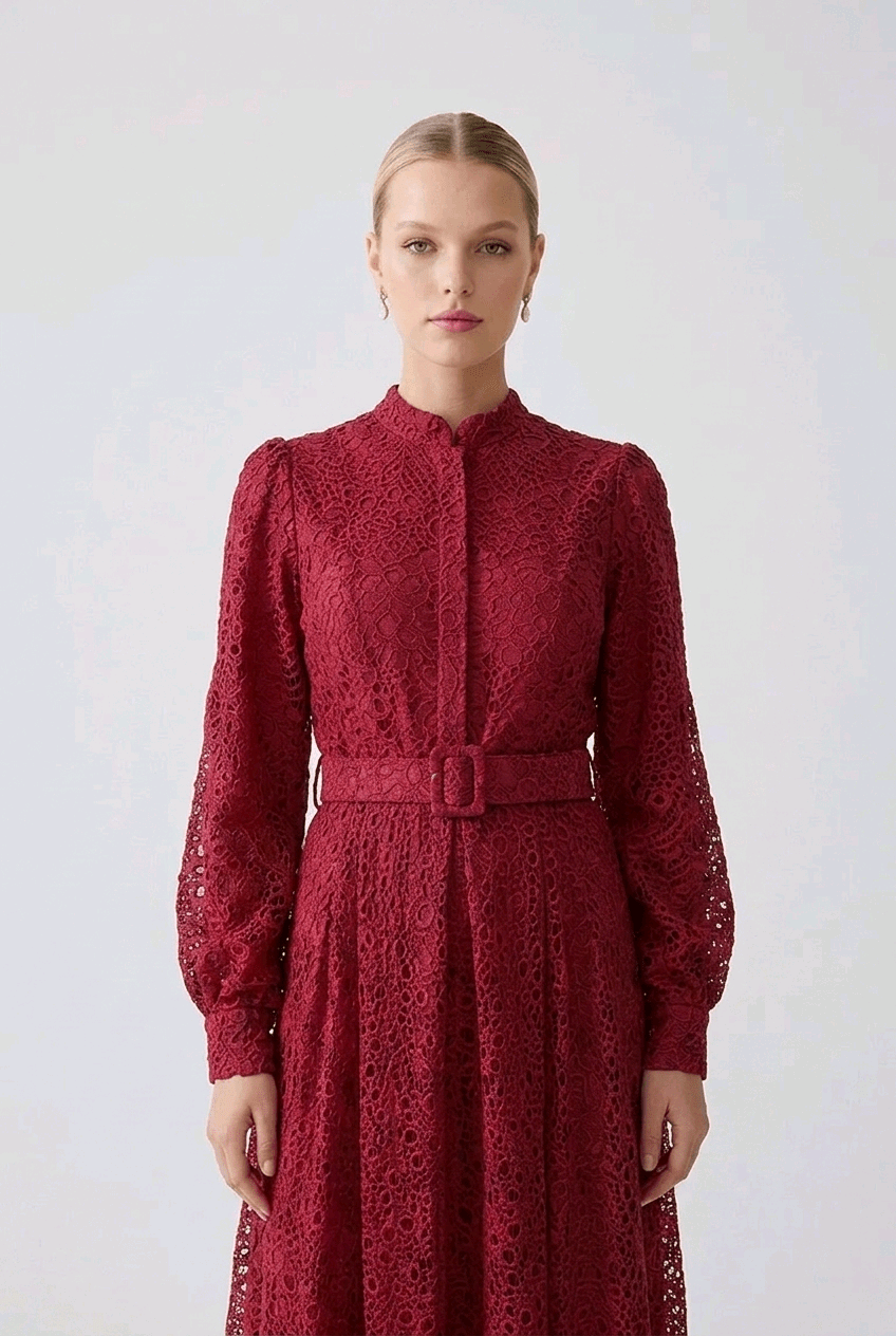Belted Guipure Midi Dress | Elora Venecci
