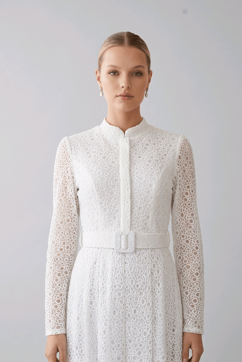 Belted Guipure Midi Dress | Elora Venecci