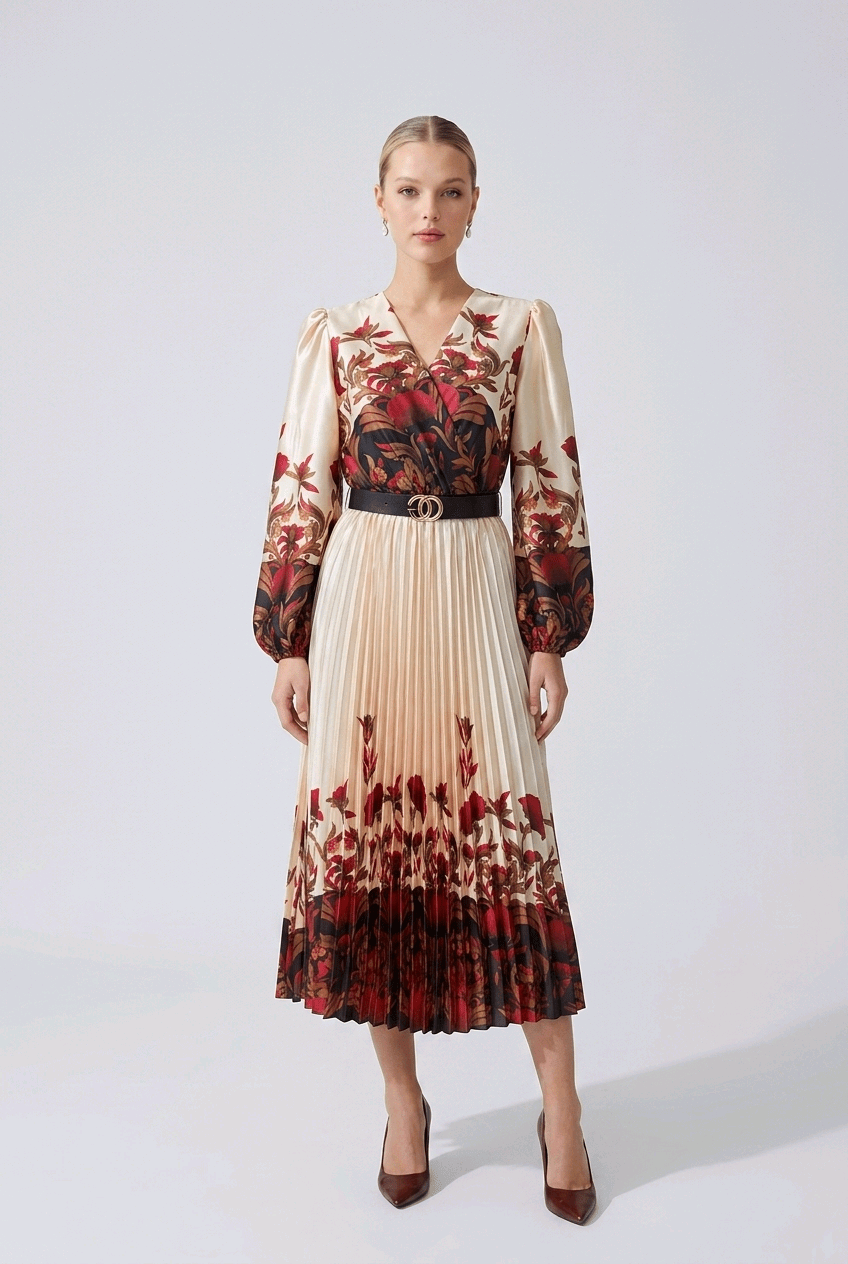 Pleated Floral Midi Dress | Elora Venecci